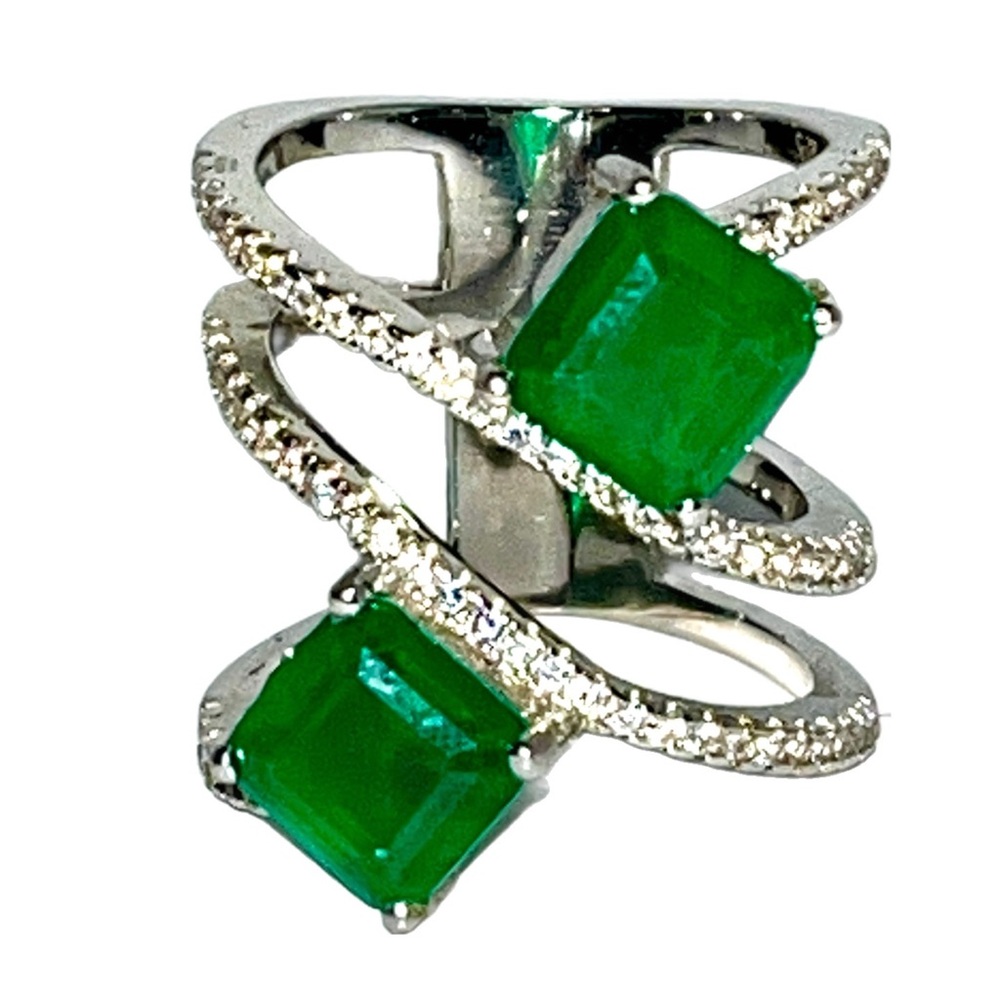Genuine Emerald Doublet & Zircon Silver Ring 6